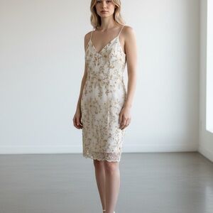 Lulus Ivory Slip Dress with Gold Floral Stitching